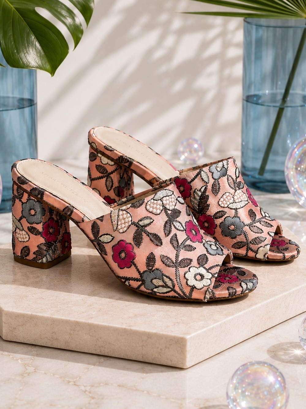 Stuart Weitzman Floral Embroidered Mule Heels, Pink Satin Slide Sandals Size 6.5